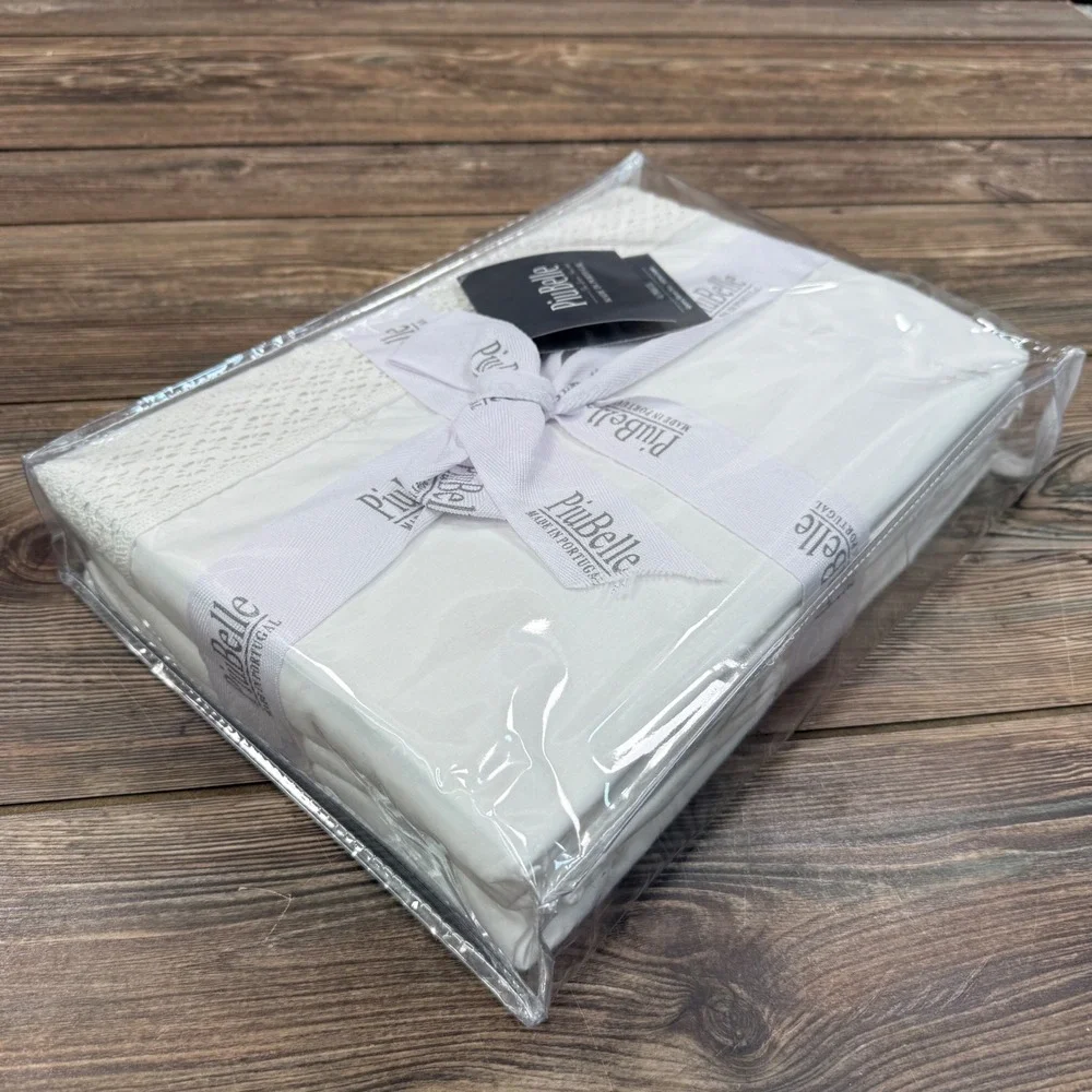 PiuBelle Queen Size 4 Piece Sheet Set White 100% Cotton Lace Trim Portugal NEW